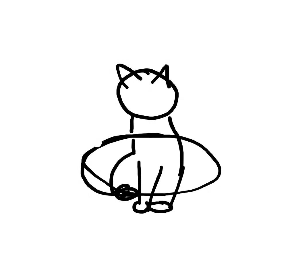 The cat’s main head and body shapes early in the drawing