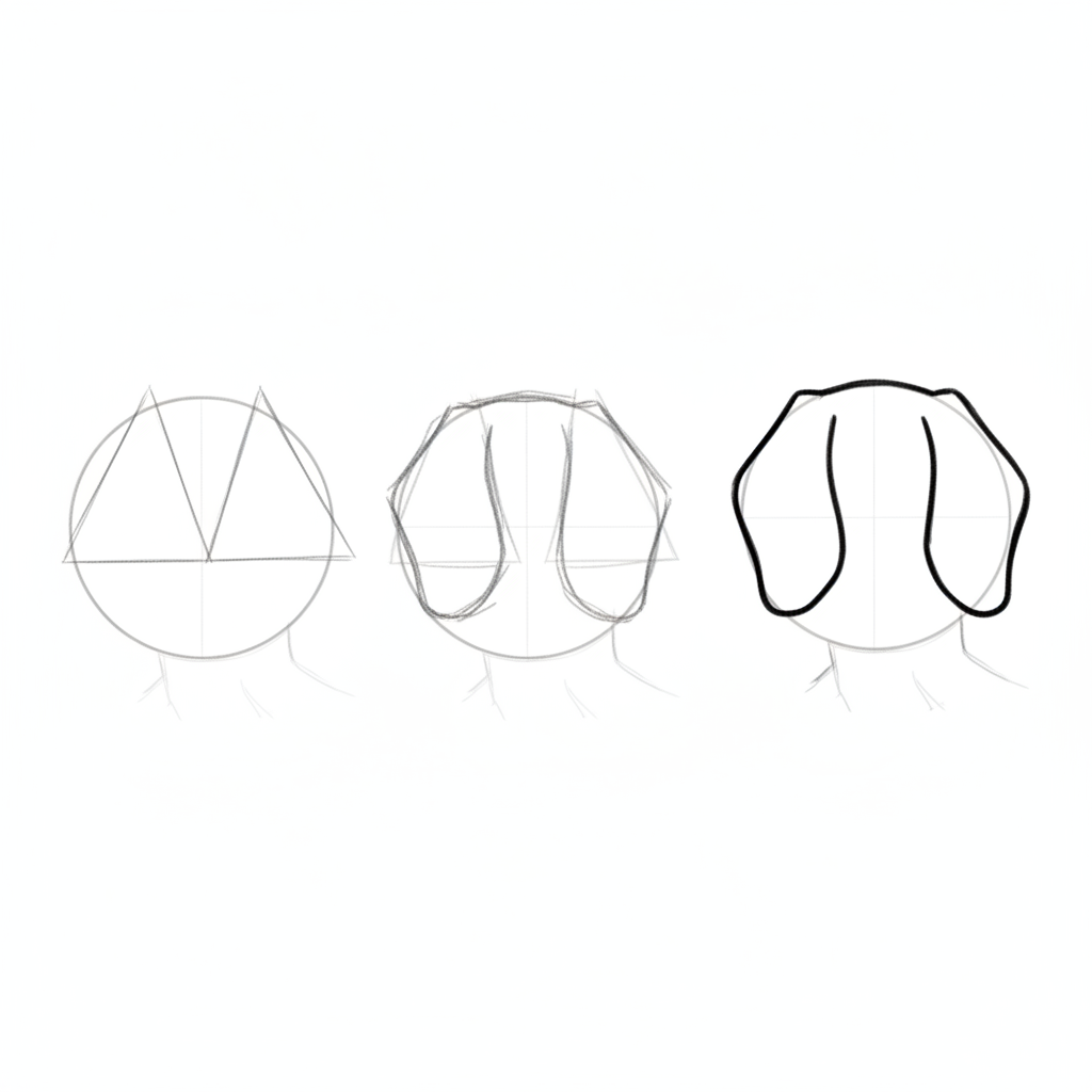 A separate tutor sketch showing how triangles form floppy dog ears